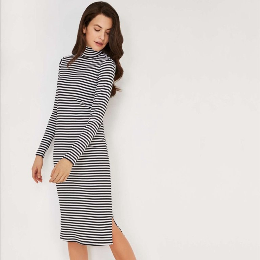 High Turtleneck Bodycon Striped Midi Dress